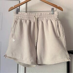 THIRTY YEARS cream beige tan cotton fleece athletic shorts